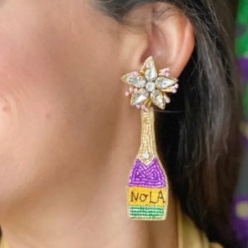 New Orleans NOLA Beaded Statement Earrings Mardi Gras Colors with Crysta… - Picture 2 of 8
